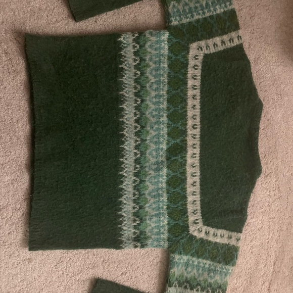 Vintage Y2K Wool Sweater 90s V Neck Cropped Fair Isle Bulldog Green Blue - Picture 10 of 13